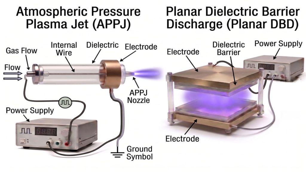 低溫電漿裝置構造對比圖。左側為大氣電漿噴流(APPJ),詳細標註氣流(Gas Flow)、內部導線(Internal Wire)、介電質管(Dielectric)、電極(Electrode)、電源供應器(Power Supply)、接地符號(Ground Symbol)及噴嘴(APPJ Nozzle)噴出的紫色電漿;右側為平板式介電質障壁放電(Planar DBD),標註上下電極(Electrode)、介電層(Dielectric Barrier)、電源供應器(Power Supply)及內部發出的均勻紫色電漿。
